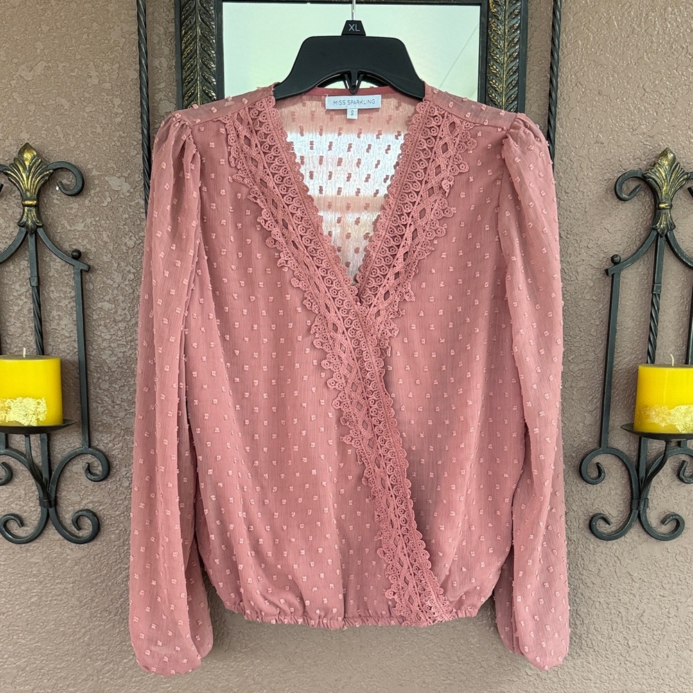 Miss Sparkling Mauve Lace Trim Blouse